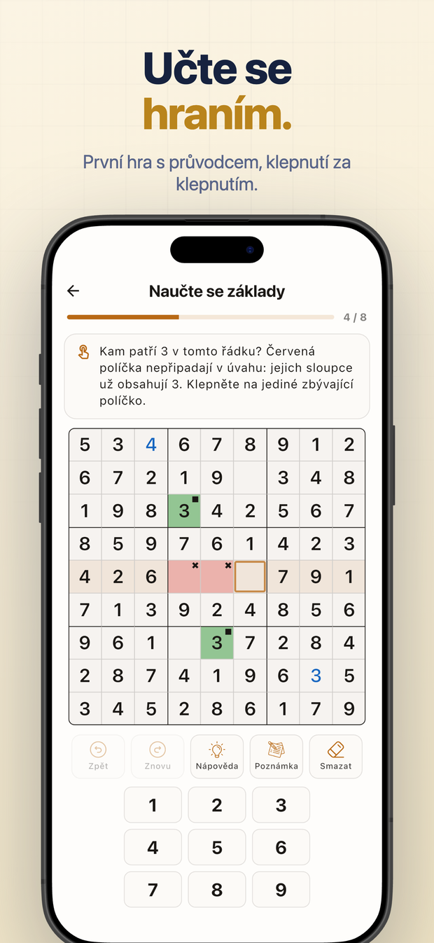 Učte se hraním. První hra s průvodcem, klepnutí za klepnutím.