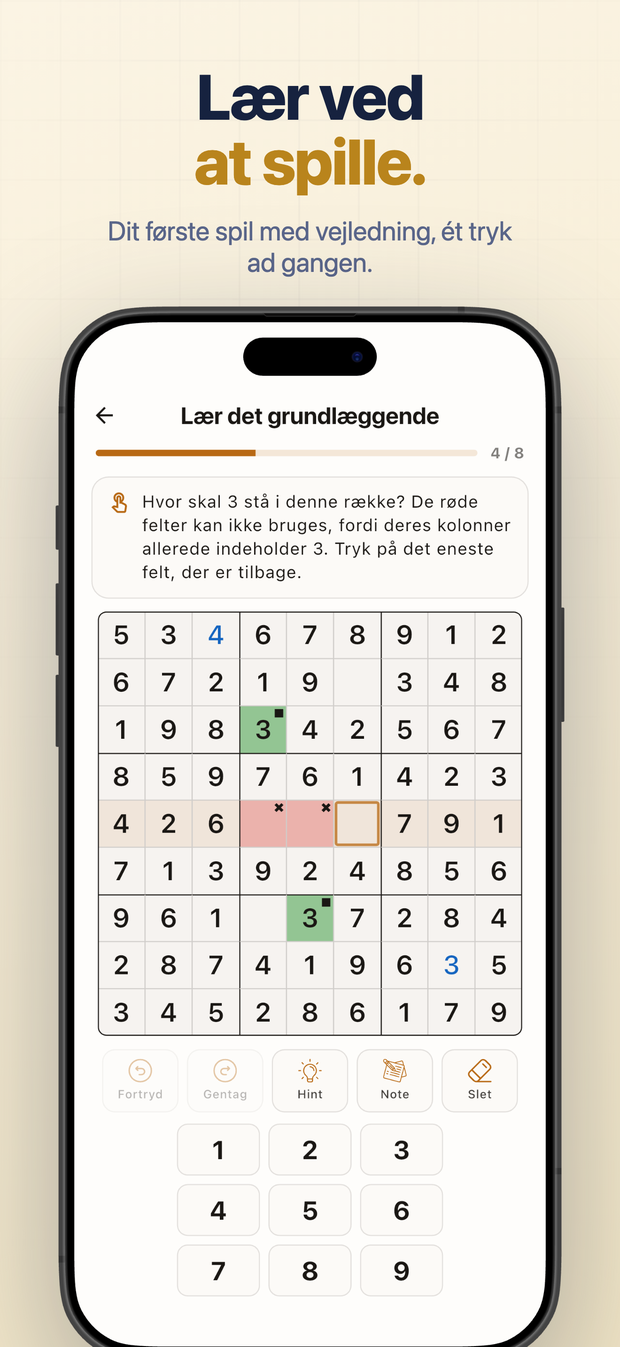 Lær ved at spille. Dit første spil med vejledning, ét tryk ad gangen.