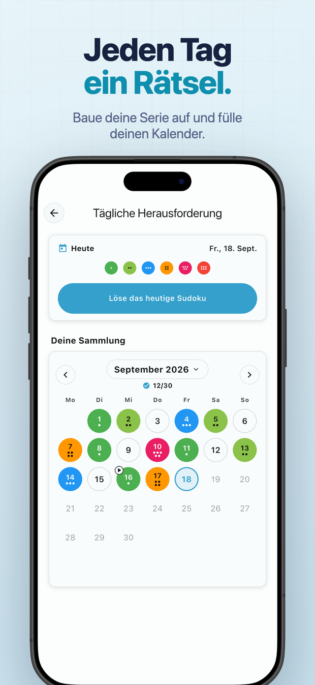 Jeden Tag ein Rätsel. Baue deine Serie auf und fülle deinen Kalender.