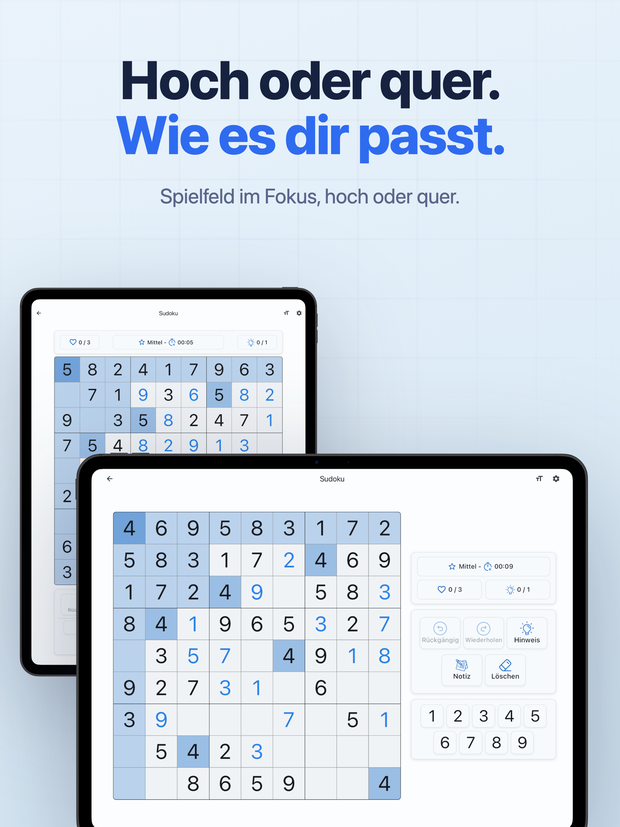 Hoch oder quer. Wie es dir passt. Spielfeld im Fokus, hoch oder quer.