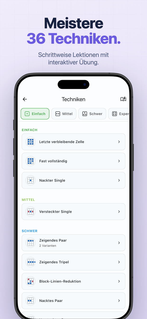 Meistere 36 Techniken. Schrittweise Lektionen mit interaktiver Übung.