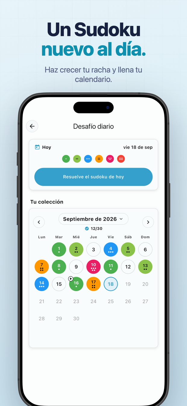 Un Sudoku nuevo al día. Haz crecer tu racha y llena tu calendario.