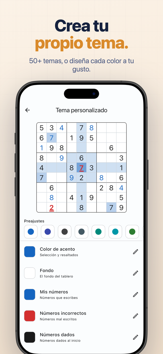 Crea tu propio tema. 50+ temas, o diseña cada color a tu gusto.