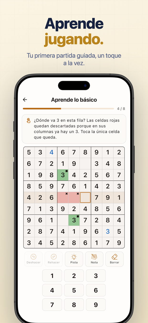 Aprende jugando. Tu primera partida guiada, un toque a la vez.