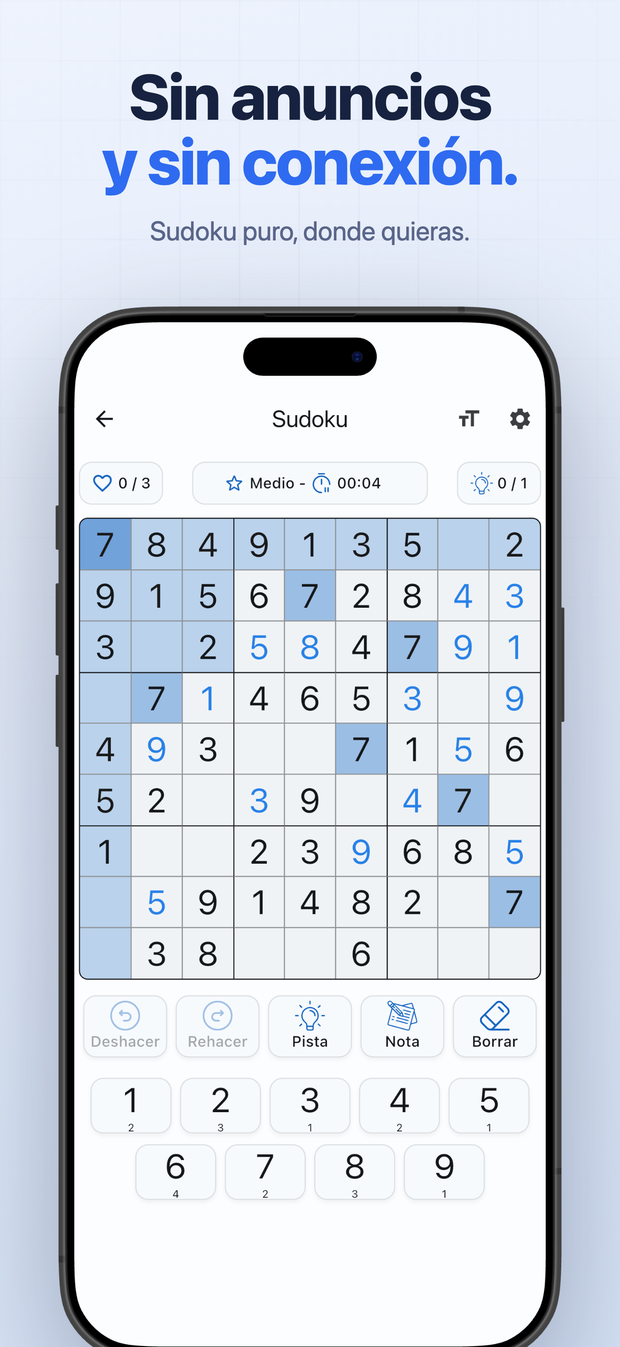 Sin anuncios y sin conexión. Sudoku puro, donde quieras.