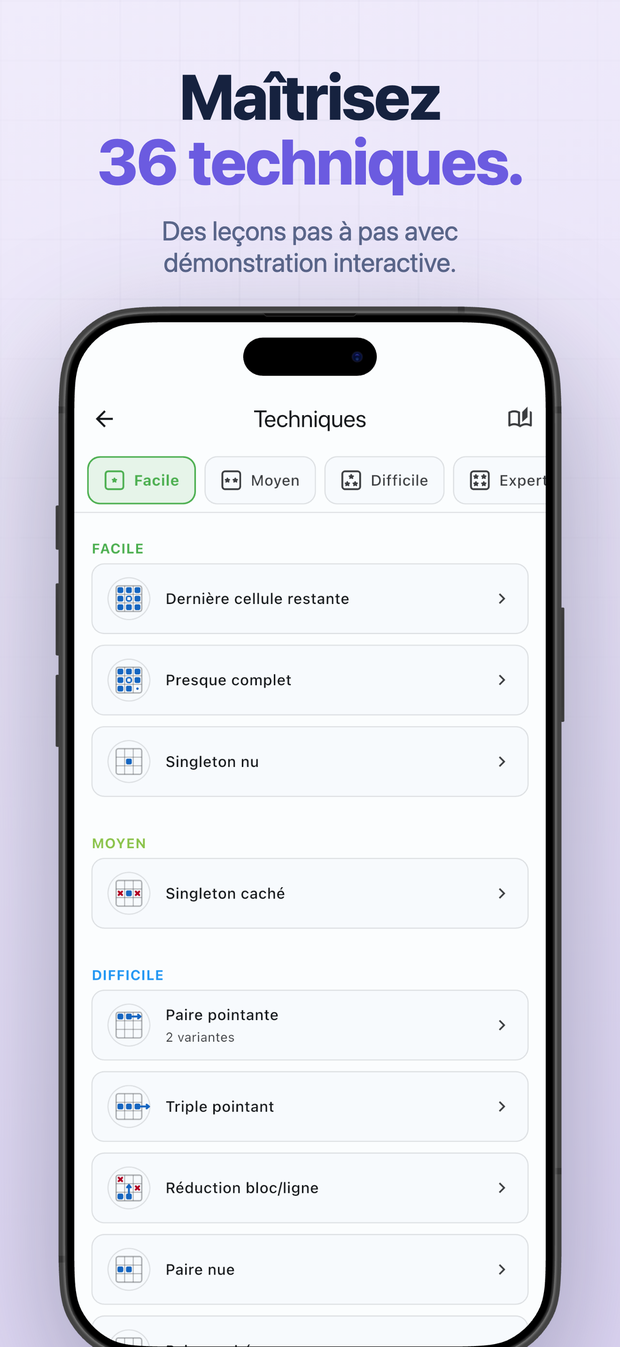 Maîtrisez 36 techniques. Des leçons pas à pas avec démonstration interactive.