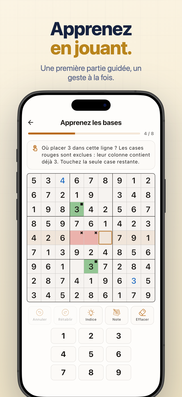 Apprenez en jouant. Une première partie guidée, un geste à la fois.