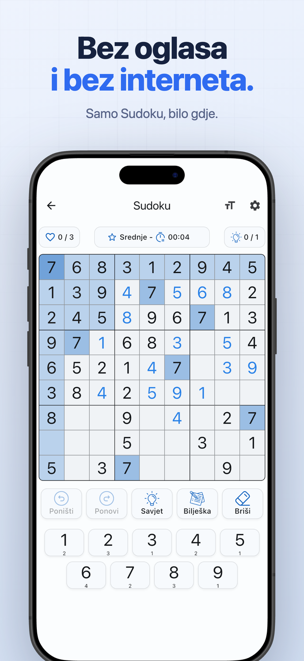 Bez oglasa i bez interneta. Samo Sudoku, bilo gdje.