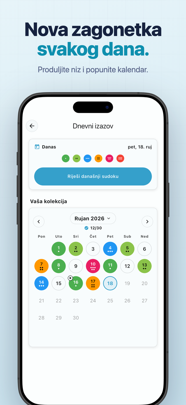 Nova zagonetka svakog dana. Produljite niz i popunite kalendar.