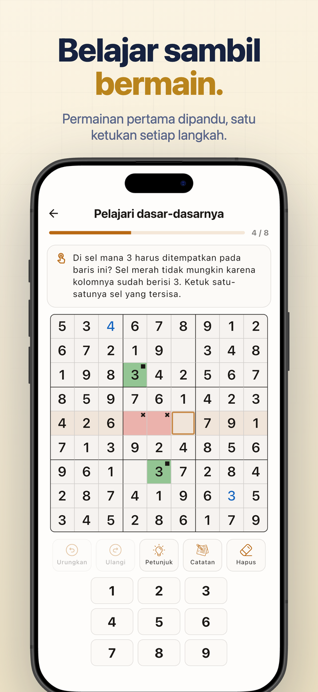 Belajar sambil bermain. Permainan pertama dipandu, satu ketukan setiap langkah.