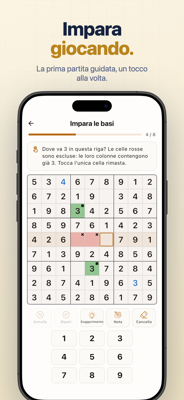 Impara giocando. La prima partita guidata, un tocco alla volta.