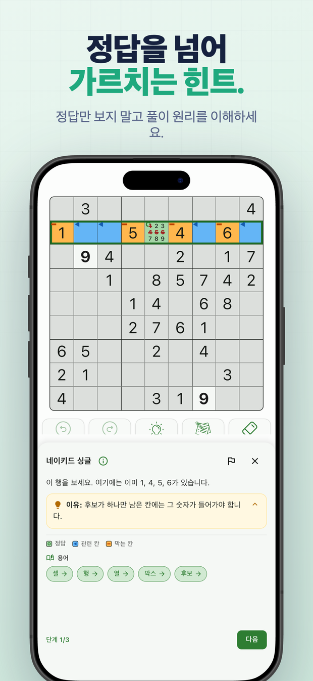 정답을 넘어 가르치는 힌트. 정답만 보지 말고 풀이 원리를 이해하세요.