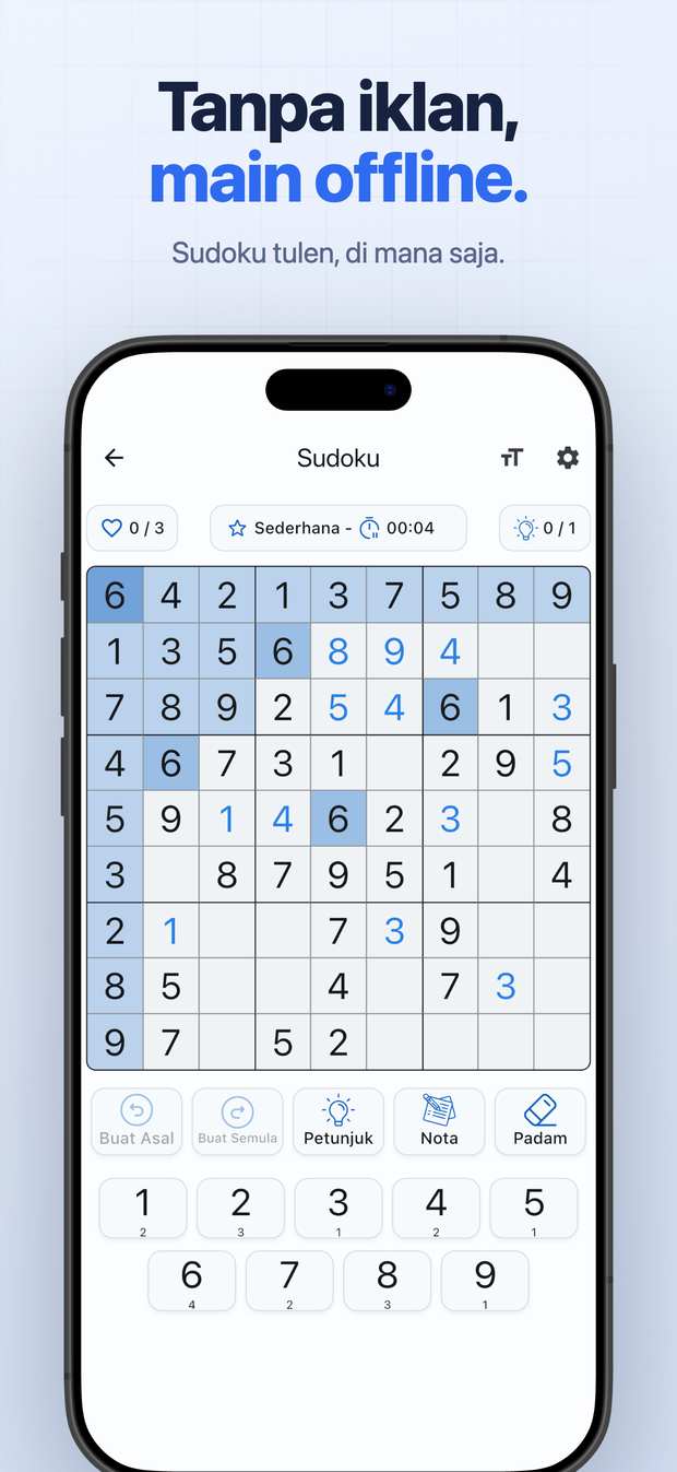 Tanpa iklan, main offline. Sudoku tulen, di mana saja.