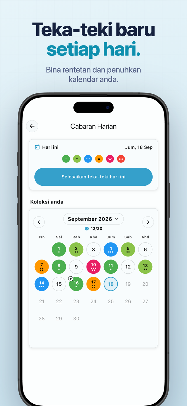 Teka-teki baru setiap hari. Bina rentetan dan penuhkan kalendar anda.