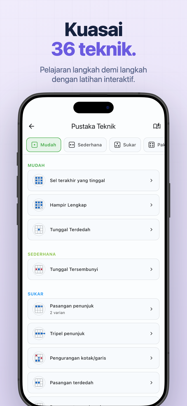 Kuasai 36 teknik. Pelajaran langkah demi langkah dengan latihan interaktif.