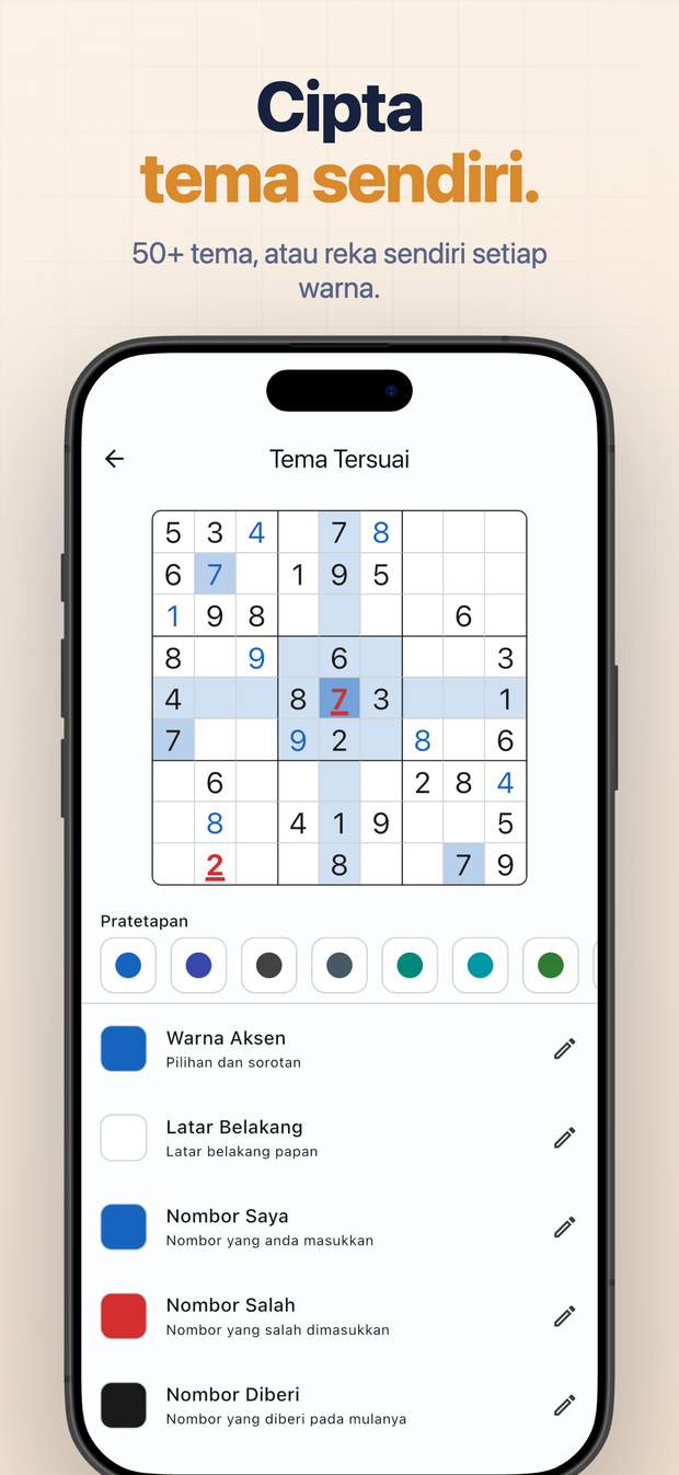 Cipta tema sendiri. 50+ tema, atau reka sendiri setiap warna.