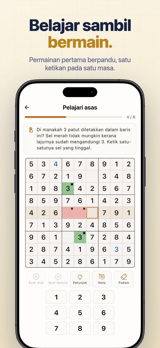 Belajar sambil bermain. Permainan pertama berpandu, satu ketikan pada satu masa.