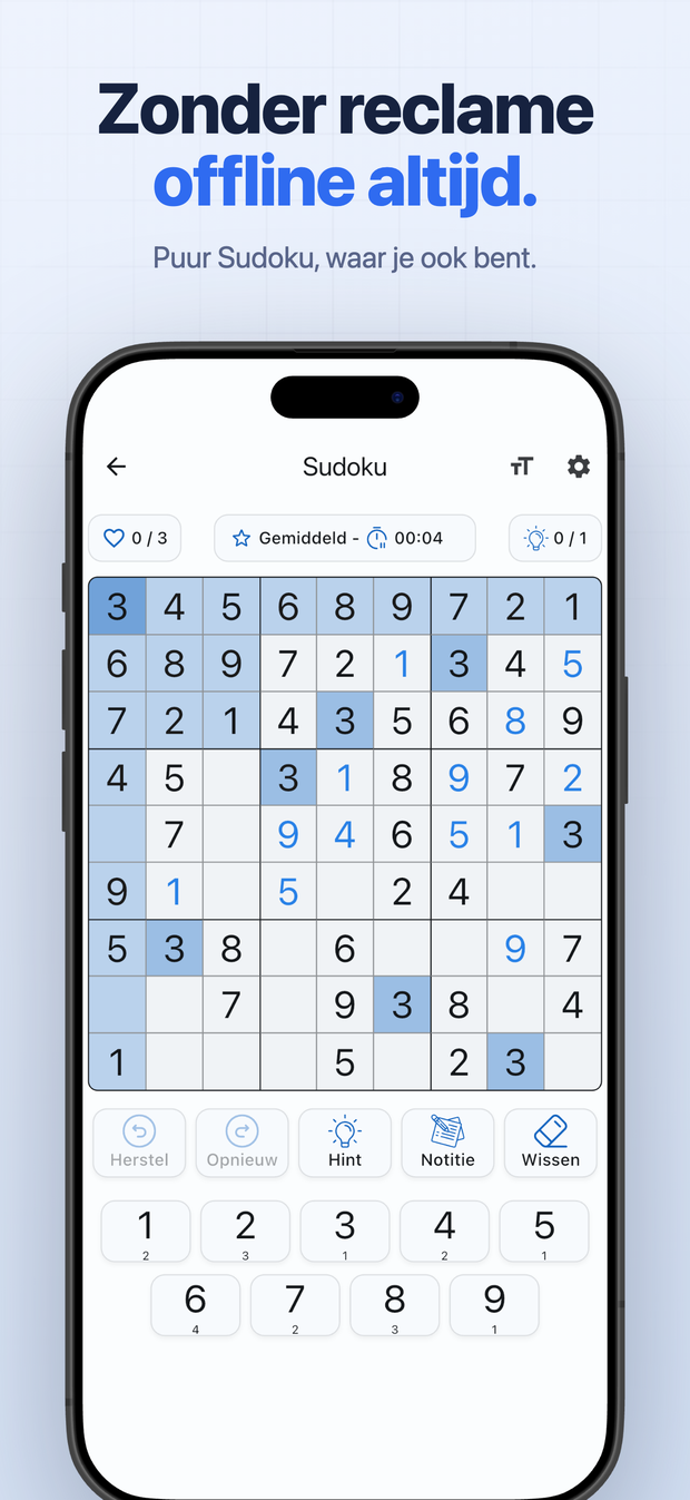 Zonder reclame offline altijd. Puur Sudoku, waar je ook bent.