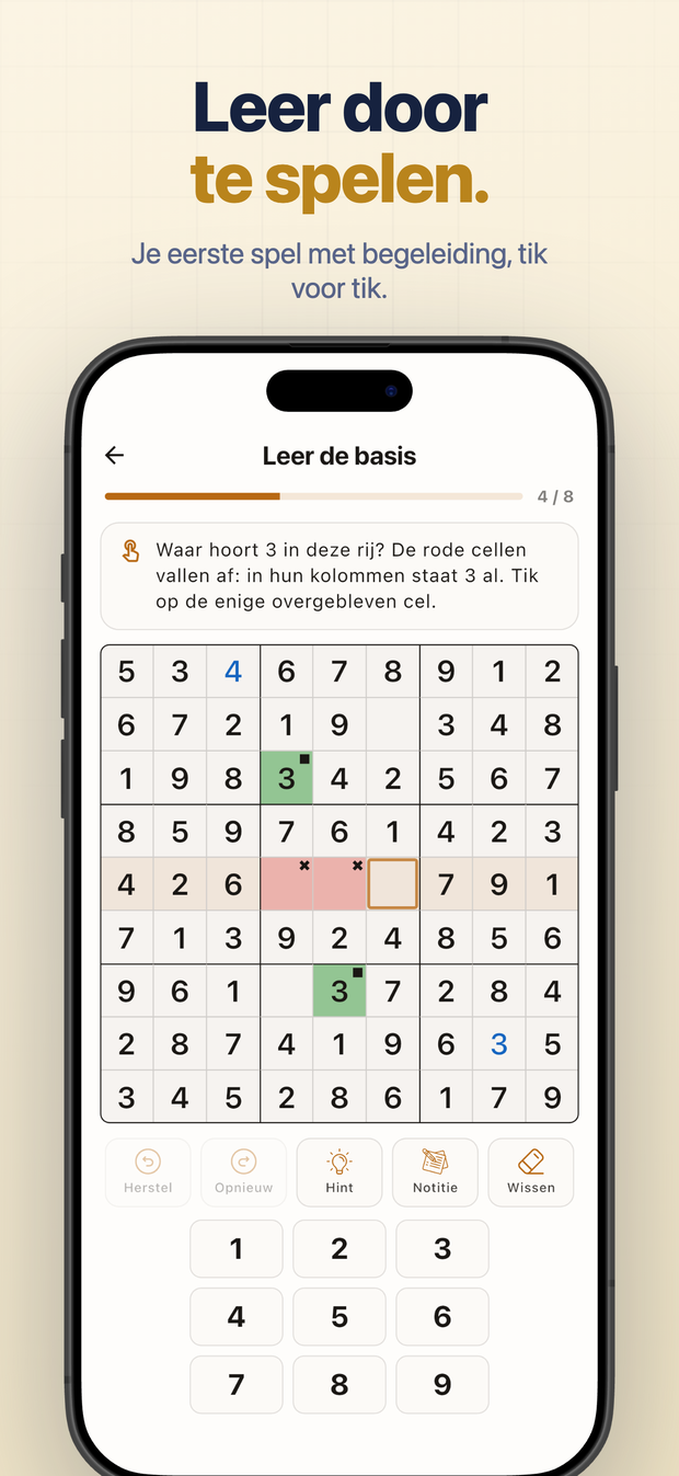 Leer door te spelen. Je eerste spel met begeleiding, tik voor tik.