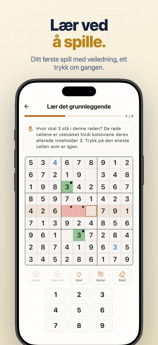 Lær ved å spille. Ditt første spill med veiledning, ett trykk om gangen.