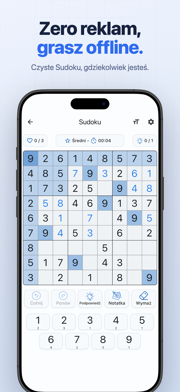 Zero reklam, grasz offline. Czyste Sudoku, gdziekolwiek jesteś.