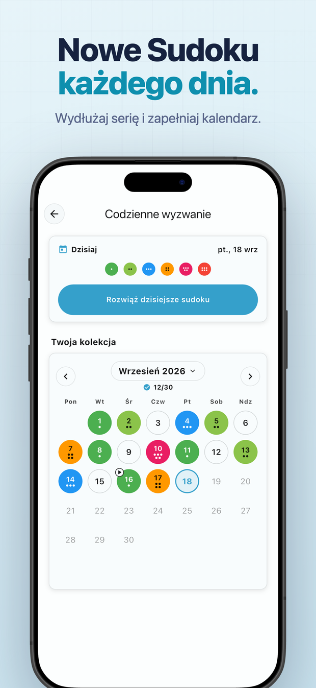 Nowe Sudoku każdego dnia. Wydłużaj serię i zapełniaj kalendarz.