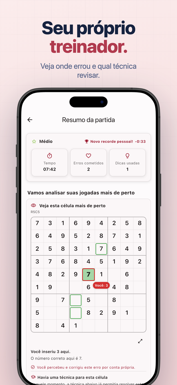Seu próprio treinador. Veja onde errou e qual técnica revisar.