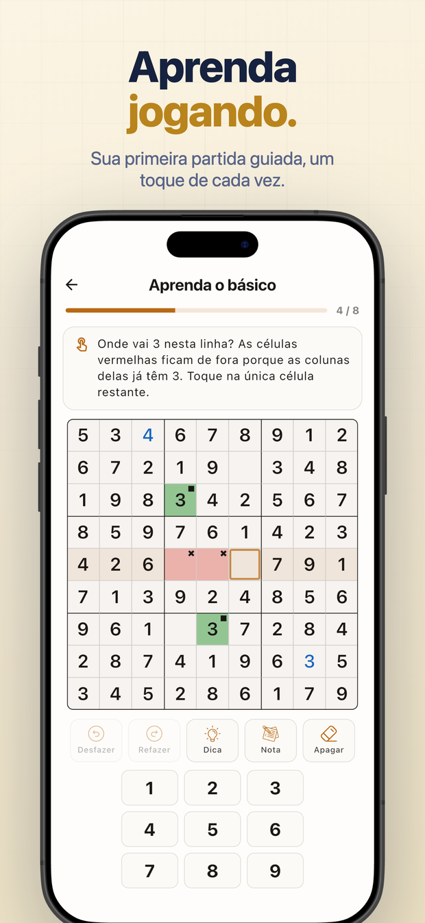 Aprenda jogando. Sua primeira partida guiada, um toque de cada vez.