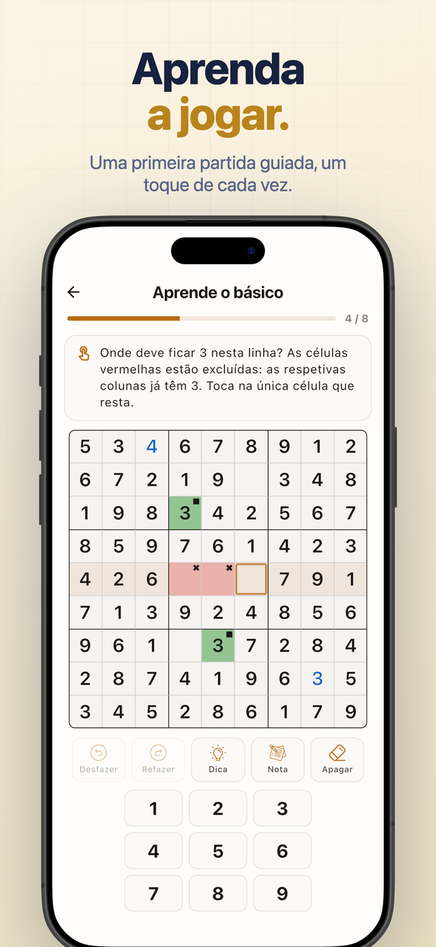Aprenda a jogar. Uma primeira partida guiada, um toque de cada vez.