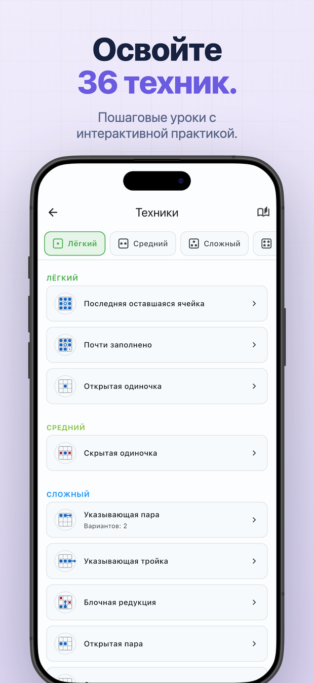 Освойте 36 техник. Пошаговые уроки с интерактивной практикой.