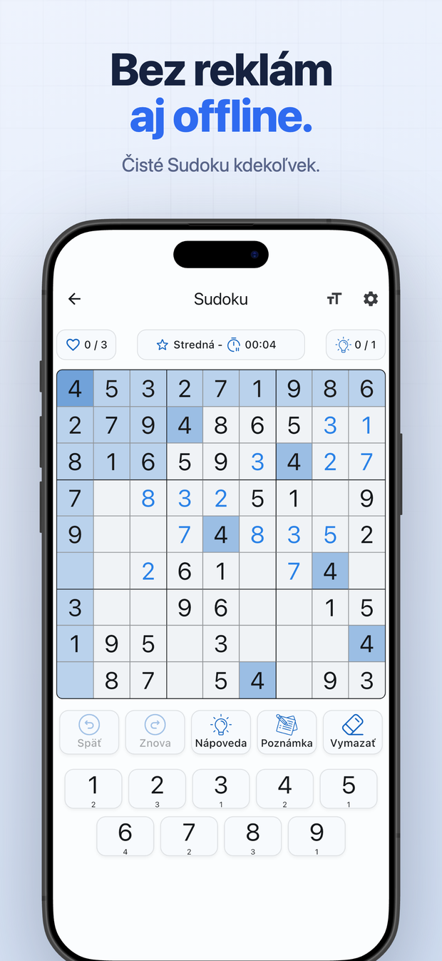Bez reklám aj offline. Čisté Sudoku kdekoľvek.