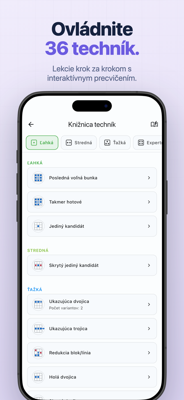 Ovládnite 36 techník. Lekcie krok za krokom s interaktívnym precvičením.