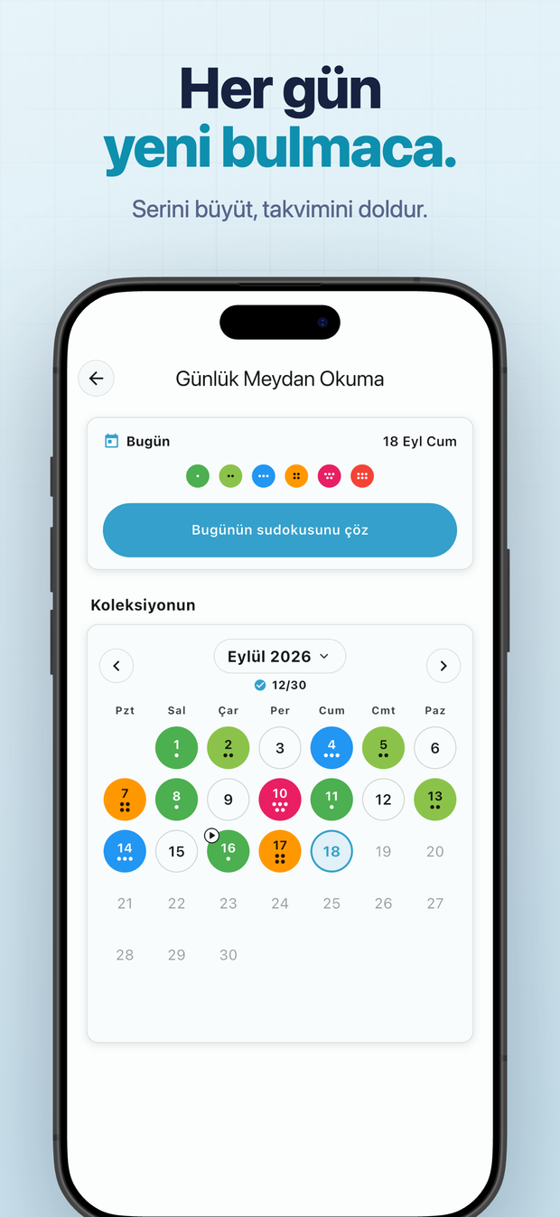Her gün yeni bulmaca. Serini büyüt, takvimini doldur.