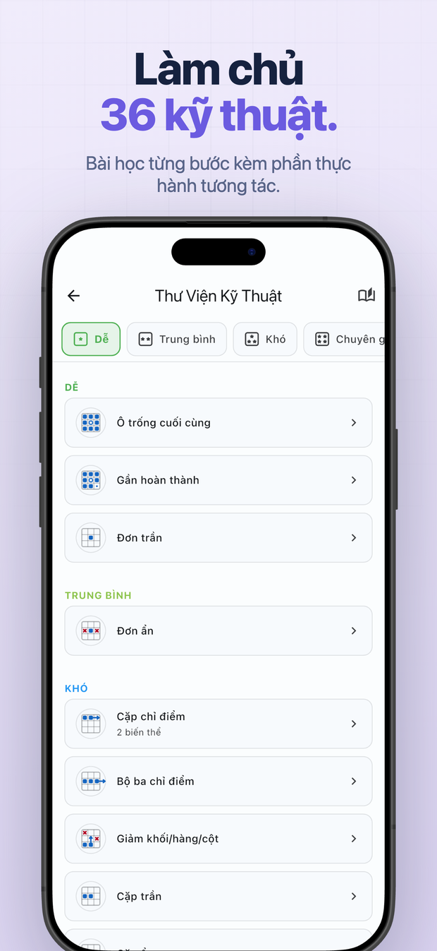 Làm chủ 36 kỹ thuật. Bài học từng bước kèm phần thực hành tương tác.