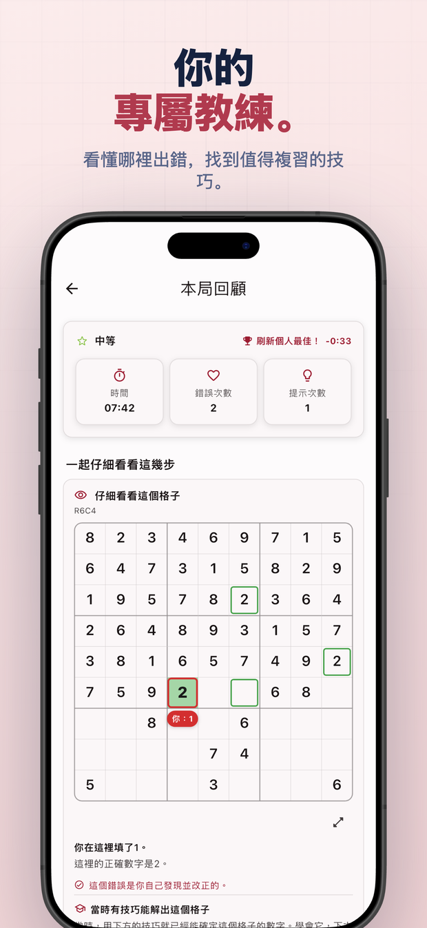 你的 專屬教練。 看懂哪裡出錯,找到值得複習的技巧。