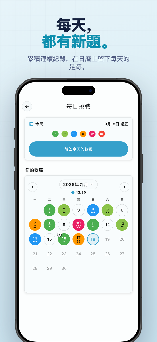 每天, 都有新題。 累積連續紀錄,在日曆上留下每天的足跡。